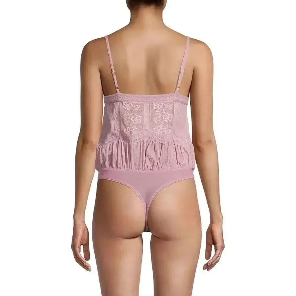 NWT Free People Still the One Lace Trim Cotton Bodysuit in La Fleur, Size XS